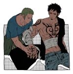  1boy 2boys bandages black_hair black_pants blue_shirt chest_tattoo earrings facial_hair goatee green_hair halftone holding_another&#039;s_arm holding_hands jewelry kalk0011 long_sideburns looking_at_another male_focus multiple_boys on_floor one_piece pants pectorals roronoa_zoro scar scar_across_eye shirt short_hair sideburns tattoo trafalgar_law 