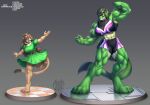  agonwolfe amber_eyes anthro athletic athletic_anthro belt big_muscles biped brown_hair clawed_fingers claws clothing cougar digitigrade duo felid feline female flexing green_clothing hair huge_muscles humanoid hyper hyper_muscles long_hair mammal muscular tight_clothing toe_claws 