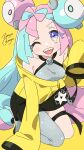  1girl ;d absurdres artist_name bare_shoulders black_jacket blue_hair bow-shaped_hair breasts grey_pantyhose halterneck hexagon_print highres iono_(pokemon) jacket light_blue_hair long_hair magnemite magnet multicolored_clothes multicolored_eyes multicolored_hair multicolored_jacket one_eye_closed pantyhose pink_eyes pink_hair pokemon pokemon_(creature) pokemon_(game) pokemon_sv print_pantyhose purple_eyes screw sharp_teeth simple_background single_leg_pantyhose sleeves_past_fingers sleeves_past_wrists small_breasts smile solo split-color_hair star_(symbol) teeth thigh_strap two-tone_hair two-tone_jacket very_long_hair x yellow_background yellow_eyes yellow_jacket zetsuyo_chimayo 