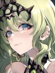  1girl absurdres bare_shoulders bodysuit close-up closed_mouth collarbone commentary_request covered_collarbone crown dress earrings eye_reflection green_eyes green_hair hair_between_eyes head_tilt highres honkai_(series) honkai_impact_3rd jewelry long_hair looking_at_viewer mobius_(honkai_impact) reflection sidelocks sleeveless sleeveless_bodysuit sleeveless_dress slit_pupils smile solo swept_bangs ura_(hamburg_oniku) wavy_hair 