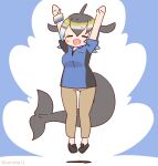  1girl arms_up black_footwear black_hair black_shirt blonde_hair blowhole blue_hair blue_shirt blush brown_pants cetacean_tail closed_eyes collared_shirt common_dolphin_(kemono_friends) coroha dolphin_girl dorsal_fin fins fish_tail jumping kemono_friends kemono_friends_3 multicolored_hair official_alternate_costume open_mouth pants school_uniform shirt short_hair short_sleeves smile solo t-shirt tail two-tone_shirt white_hair wristband 