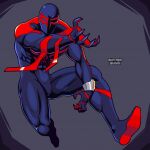  1boy abs arm_blade artist_name bodysuit bracelet butter_sugoi claws full_body highres jewelry male_focus marvel muscular muscular_male solo spider-man:_across_the_spider-verse spider-man_(2099) spider-man_(series) spider-verse superhero weapon 