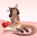  &lt;3 2021 anthro biped blush breasts brown_pawpads butt claws digital_media_(artwork) facial_blush female fur hair hi_res hindpaw kangaroo kneeling long_hair looking_at_viewer looking_back looking_back_at_viewer macropod mammal marsupial nude pawpads paws rear_view shaded solo tail tan_body tan_fur toe_claws wolfbane154 yellow_eyes 