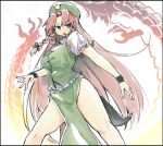  1girl :o bare_legs beret black_bow bow braid breasts commentary_request dragon dress eastern_dragon feet_out_of_frame frills ginnkei green_dress green_eyes hair_bow hair_ribbon hat hat_ornament hong_meiling large_breasts legs_apart long_hair open_mouth parted_bangs red_hair ribbon serious short_sleeves side_slit simple_background solo standing star_(symbol) star_hat_ornament touhou tress_ribbon twin_braids v-shaped_eyebrows very_long_hair white_background wristband 