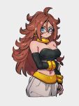  1girl android_21 blue_eyes breasts cleavage dragon_ball dragon_ball_fighterz glasses hair_between_eyes kemachiku long_hair looking_at_viewer majin_android_21 medium_breasts midriff navel red_hair solo 