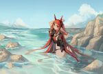 1girl absurdres arknights ass bikini black_bikini black_shirt blouse blue_sky blush braid breasts clenched_teeth cloud commentary demon_horns english_commentary highres horizon horns long_hair looking_at_viewer medium_breasts ocean partially_submerged pointy_ears red_eyes red_hair rock shirt sidelocks sky smile solo summer swimsuit teeth togekk0 twin_braids very_long_hair vigna_(arknights) 