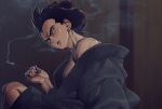 1boy alternate_hairstyle bara bare_pectorals black_kimono dark_room dragon_ball dragon_ball_z feet_out_of_frame flaring hair_bun hand_up head_tilt highres holding holding_smoking_pipe japanese_clothes kimono limp_wrist_(meme) lips looking_to_the_side male_focus meme muscular muscular_male naked_kimono off_shoulder open_mouth pectorals receding_hairline short_hair sideburns sitting smoke smoking smoking_pipe solo spiked_hair supobi thick_eyebrows turning_head vegeta 
