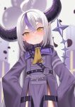  1girl :&lt; absurdres ahoge angry ara1e coat demon_girl demon_horns hands_on_own_hips highres hololive horns la+_darknesss la+_darknesss_(1st_costume) long_hair looking_at_viewer multicolored_hair pointy_ears purple_hair sleeves_past_fingers sleeves_past_wrists solo streaked_hair sweat virtual_youtuber white_hair yellow_eyes 