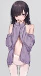  1girl akipeko bare_shoulders black_hair blush breasts highres jacket long_hair long_sleeves looking_at_viewer open_clothes open_jacket open_mouth original pantyhose purple_jacket small_breasts standing swept_bangs upper_body white_pantyhose 