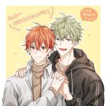 2boys black_hoodie blush brown_sweater given highres holding_hands hood hoodie jacket light_green_hair male_focus multiple_boys open_clothes open_jacket open_mouth outline pinoli_(pinoli66) red_hair satou_mafuyu second-party_source smile sweater translation_request turtleneck turtleneck_sweater white_jacket white_outline yaoi yellow_background yoshida_yuki_(given) 