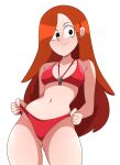  1girl absurdres abysswatchers adapted_costume ass_visible_through_thighs bikini bikini_bottom_lift breasts closed_mouth commentary earrings freckles gravity_falls highres jewelry long_hair looking_at_viewer medium_breasts navel red_bikini red_hair smile solo swimsuit thighs toon_(style) wendy_corduroy whistle whistle_around_neck 