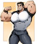  1boy alternate_pectoral_size bara beard_stubble black_hair denim feet_out_of_frame flexing graysheartart grin highres huge_eyebrows huge_pectorals jeans looking_at_viewer lucas_lee male_focus muscular muscular_male pants scott_pilgrim_takes_off shirt short_hair short_sleeves smile solo standing t-shirt tight_clothes tight_shirt 