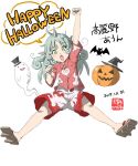  1girl animal_ears arm_up artist_name bat_(animal) black_headwear character_name clenched_hands curly_hair dated full_body geta ghost green_eyes green_hair happy_halloween hat horns inuno_rakugaki jack-o&#039;-lantern kariyushi_shirt kariyushi_shorts komano_aunn long_hair looking_at_viewer one-hour_drawing_challenge open_mouth red_shirt shirt short_sleeves shorts simple_background single_horn solo speech_bubble top_hat touhou white_background white_shorts witch_hat 