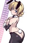  1girl animal_ears ass black_pants blonde_hair blue_eyes blush braid breasts covering covering_breasts darjeeling_(girls_und_panzer) fake_animal_ears fake_tail french_braid girls_und_panzer highres kuzuryuu_kennosuke large_breasts looking_at_viewer meme_attire no_panties pants playboy_bunny rabbit_ears rabbit_tail reverse_bunnysuit reverse_outfit simple_background sketch smile solo tail topless white_background 