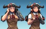  1girl ? animal_ears bare_arms black_hair blue_background blunt_bangs bow bowtie breasts brown_vest commentary cow_ears cyberdemon cyborg demon_girl doom_(series) dot_mouth glasses gradient_background holding holding_eyewear horns large_breasts long_hair mechanical_arms multiple_views personification plaid plaid_bow plaid_bowtie red_bow red_bowtie red_eyes shirt short_sleeves simple_background single_mechanical_arm substance20 symbol-only_commentary upper_body vest white_shirt 
