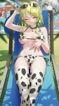  3girls absurdres animal_print antlers beach_chair bell bikini black_collar blurry branch breasts breasts_apart ceres_fauna collar cow_print depth_of_field eyewear_on_head fins fish_tail gawr_gura green_hair green_nails hakos_baelz_(rat) highres hololive hololive_english irys_(hololive) leaf leaning_back long_hair longcat_(meme) medium_breasts meme mole mole_under_eye multiple_girls neck_bell one_eye_closed parted_lips pool print_bikini print_thighhighs shark_girl shark_tail sharp_teeth sitting solo_focus somebody_(leiking00) stomach sunglasses swimsuit tail teeth thighhighs thumbs_up virtual_youtuber wavy_hair yellow_eyes 