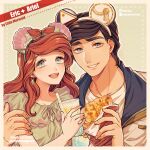  1boy 1girl :d animal_ears ariel_(disney) arm_around_shoulder black_hair blue_eyes bow brown_hair character_name copyright_name cup disposable_cup drink drinking_straw earrings eric_(disney) fake_animal_ears food hair_bow hetero holding holding_drink holding_food instagram_username jacket jewelry long_hair mizala red_bow shell_hair_ornament short_hair simple_background smile the_little_mermaid twitter_username upper_body 