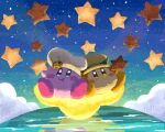  blue_eyes blush_stickers brooch chef_hat closed_mouth cookie food hat jewelry kirby kirby_(series) kirby_cafe miclot night night_sky no_humans pink_footwear shoes sitting sky smile star-shaped_cookie waddle_dee warp_star water yellow_eyes yellow_footwear 
