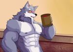  2022 abs absurd_res anthro beard beverage biceps black_nose canid canine canis eyebrows facial_hair fur grey_body grey_fur grey_nipples guoguo104 hi_res holding_beverage holding_object inner_ear_fluff law_(sdorica) male mammal multicolored_body multicolored_fur muscular muscular_anthro muscular_male nipples pecs sdorica shirtless signature solo thick_eyebrows triceps tuft two_tone_body two_tone_fur white_body white_fur wolf yellow_eyes yellow_sclera 