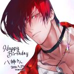  1boy artist_name black_choker chain_necklace choker closed_mouth collarbone dated english_text hair_over_one_eye happy_birthday jewelry looking_at_viewer male_focus mmts_g muscular muscular_male necklace red_eyes red_hair short_hair simple_background solo the_king_of_fighters the_king_of_fighters_for_girls yagami_iori 