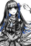  1girl absurdres crying crying_with_eyes_open dress earrings flower hair_flower hair_ornament highres jewelry long_hair long_sleeves mechanical_hands mechanical_parts monochrome parted_lips punishing:_gray_raven selena_(punishing:_gray_raven) shiokaze1409 spot_color tears triangle_earrings 