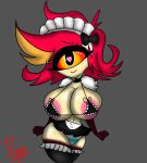  1_eye big_breasts breasts clothed clothing cyclops demon demon_humanoid female hair hazbin_hotel hi_res humanoid maid_uniform niffty_(hazbin_hotel) nipples nsfwtheodore partially_clothed red_hair simple_background smile solo thick_thighs uniform white_body 