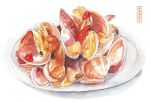  392610595 artist_name clam food food_focus highres no_humans original painting_(medium) plate shadow simple_background still_life traditional_media watercolor_(medium) white_background 