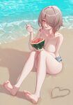  1girl ;d barefoot beach breasts collarbone day eating eyes_visible_through_hair food fruit hair_over_one_eye heart highres holding holding_food holding_fruit holding_spoon honkai_(series) honkai_impact_3rd knees_up large_breasts light_brown_hair mole mole_under_eye one_eye_closed outdoors pink_eyes rita_rossweisse ruo_zhishi_chu_jian sand sand_writing short_hair short_shorts shorts sitting smile solo spoon thighs topless water watermelon 