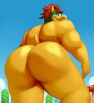  anthro big_butt blue_sky bodily_fluids bowser butt elfein green_body green_scales hair hi_res horn koopa looking_at_viewer looking_back low-angle_view male mario_bros nintendo nude rear_view red_eyes red_hair scales scalie sky solo sweat sweaty_body sweaty_butt tan_body tan_scales 