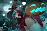  &lt;3 anthro blue_eyes blue_hair breasts clothed clothing danae_(character) deer dress dutch_angle female full_moon garter_straps hair halloween hat headgear headwear hi_res holidays jack-o&#039;-lantern legwear light low-angle_view mammal moon moonlight night smile solo stockings thigh_highs witch_costume witch_hat zero-sum 