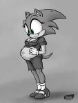  2022 anthro breasts cleavage clothed clothing crossgender eulipotyphlan female footwear gloves green_eyes greyscale handwear hedgehog hi_res high_heels mammal monochrome navel pregnant pregnant_female sega shieltar short_tail smile solo sonic_the_hedgehog sonic_the_hedgehog_(series) tail torn_clothing 