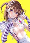  1girl :p blush breasts brown_hair ear_piercing hair_ornament highres looking_at_viewer medium_hair misekiss original piercing purple_eyes purple_nails simple_background sleeves_past_wrists smile solo tongue tongue_out two_side_up yellow_background yellow_nails 