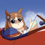 1990s_(style) 1girl aircraft airplane animal_ears armband blue_bow bow brown_hair cloud commentary_request don&#039;t_bully_suzuka ear_bow fusion grass_wonder_(umamusume) grin horse_ears kurenai_no_buta long_sleeves pig porco_rosso_(character) red_bow retro_artstyle sky smile striped striped_bow studio_ghibli_(style) sunglasses thumbs_up two-tone_bow umamusume white_hair 