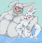  2023 ace_(the_human_heart) angry anthro blue_eyes blush duo earl_(the_human_heart) embrace eyes_closed fur grey_body grey_fur hi_res hopelesshighschool hug lagomorph leporid male mammal mature_male muscular muscular_male nipples overweight overweight_male rabbit scar the_human_heart_(game) water 