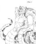  2019 anthro apode cheetah clenched_teeth draconcopode felid feline fur half-closed_eyes hand_behind_head hi_res hybrid kujura_(character) leaning leaning_back legless looking_at_viewer male mammal marcushunter naga narrowed_eyes nude pose reptile scales scalie serpentine signature smile smiling_at_viewer snake solo teeth whiskers 