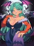  1girl animal_print bat_print black_leotard blush breasts cleavage collarbone demon_girl demon_tail demon_wings green_eyes green_hair head_wings large_breasts leotard long_hair looking_at_viewer morrigan_aensland open_mouth pantyhose purple_pantyhose slammo smile solo tail vampire_(game) wings 