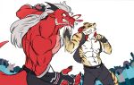  anthro barbel_(anatomy) capte claws clothed clothing countershade_face countershade_torso countershading dragon duo_focus eastern_dragon felid fight fingers flesh_whiskers group horn male mammal muscular muscular_anthro muscular_male pantherine red_body tail tiger 