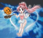  1girl amano_mika apron bow breasts commentary_request covered_nipples frilled_apron frills frying_pan grey_eyes groin hair_bow high_ponytail holding holding_frying_pan holding_spatula jack-o&#039;-lantern naked_apron okusama_wa_michael pink_hair small_breasts solo spatula yoshiten 