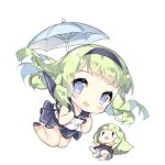  2girls :d bare_legs blue_eyes blue_hairband blue_sailor_collar blue_skirt blunt_bangs blush blush_stickers brown_dress brown_footwear chest_harness chibi dress fairy_(girls&#039;_frontline) falling floating_hair full_body girls&#039;_frontline green_hair hairband harness holding long_hair looking_at_viewer multiple_girls official_art open_mouth parachute_fairy_(girls&#039;_frontline) sailor_collar saru shirt simple_background skirt sleeveless sleeveless_shirt slit_pupils smile third-party_source transparent_background umbrella white_shirt |_| 