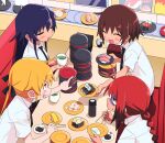  4girls black_necktie blonde_hair blue_eyes blue_hair blush_stickers brown_hair character_request chopsticks conveyor_belt_sushi cup fish_(food) food green_eyes highres holding holding_chopsticks indoors kill_me_baby makizushi multiple_girls necktie nigirizushi plate plate_stack pointing red_hair salmon_(fish) school_uniform shaded_face shirt smile soy_sauce soy_sauce_bottle sushi tea white_shirt yachima_tana yunomi 