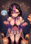  1girl 1other :d ^_^ absurdres bare_shoulders black_hair blue_hair blush breasts closed_eyes earrings goddess_of_victory:_nikke highres jack-o&#039;-lantern jewelry jimpu6 looking_at_viewer medium_hair midriff mole mole_under_eye navel pleated_skirt pov purple_eyes purple_hair shifty_(nikke) skirt smile syuen_(nikke) 