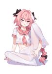  1boy :q anus astolfo_(fate) astolfo_(sailor_paladin)_(fate) black_bow blush bow braid bulge censored closed_mouth collarbone commentary_request crop_top erection erection_under_clothes fate/apocrypha fate/grand_order fate_(series) feet full_body hair_between_eyes hair_bow hair_intakes highres knee_up legs long_hair looking_at_viewer male_focus mosaic_censoring multicolored_hair naughty_face navel no_panties no_shoes official_alternate_costume otoko_no_ko pantyhose penis pink_hair pink_sailor_collar purple_eyes sailor_collar shadow shirt short_sleeves simple_background single_braid sitting smile solo spread_legs testicles tongue tongue_out tsubasa_tsubasa tsurime two-tone_hair uneven_eyes very_long_hair white_background white_hair white_pantyhose 