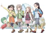  4girls aoba_kokona backpack bag black_hair black_pantyhose blue_jacket brown_footwear brown_hair china_(animator) clothes_around_waist glasses green_bag green_eyes green_jacket grey_hair grin hair_ornament hairclip jacket jacket_around_waist kuraue_hinata lily_pad long_hair looking_at_another loose_socks multiple_girls official_art orange_bag orange_jacket pantyhose pink_bag pink_skirt pleated_skirt pointing pointing_up purple_eyes red_footwear saitou_kaede_(yama_no_susume) shoes short_hair skirt smile sneakers socks sweater twintails v-neck walking yama_no_susume yellow_footwear yellow_sweater yukimura_aoi 