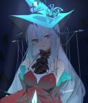  1girl arknights bare_shoulders breasts grey_hair hair_between_eyes hair_ornament hat long_hair looking_at_viewer navel parted_lips red_eyes skadi_(arknights) skadi_the_corrupting_heart_(arknights) skeptycally sketch solo witch_hat 