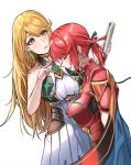  2girls absurdres bare_arms bare_shoulders black_leotard black_ribbon blonde_hair breasts brown_eyes closed_eyes closed_mouth commentary_request dress dutch_angle earrings glowing godcastetlnoa hair_ribbon highres holding jewelry large_breasts leotard long_hair multiple_girls mythra_(xenoblade) parted_lips pyra_(xenoblade) red_hair ribbon short_sleeves simple_background very_long_hair wavy_mouth white_background white_dress xenoblade_chronicles_(series) xenoblade_chronicles_2 
