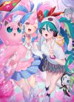  2girls aqua_hair beanie blue_eyes blue_hair blue_skirt blue_socks bracelet bull_sprite_(pokemon) cellphone checkered_floor choker clefairy_sprite_(pokemon) collared_shirt earrings fairy_miku_(project_voltage) flower flower_sprite_(pokemon) grey_skirt hair_flower hair_ornament hat hat_ribbon hatsune_miku headphones heart heart_choker highres holding holding_pillow jewelry jigglypuff jihya light_blue_hair light_green_hair loose_socks meloetta meloetta_(aria) miniskirt multicolored_hair multiple_girls neckerchief pearl_earrings phone pillow pink_choker pink_footwear pink_hair pink_shirt pleated_skirt pokemon pokemon_(creature) project_voltage psychic_miku_(project_voltage) red_flower red_ribbon ribbon shirt skirt smartphone socks surf_sprite_(pokemon) two-tone_hair v vocaloid white_footwear white_headwear white_neckerchief white_shirt white_socks 