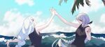  2girls arknights bare_arms bare_shoulders black_shirt blue_sky braid braided_ponytail cloud commentary dancing english_commentary gladiia_(arknights) highres long_hair low-braided_long_hair multiple_girls ocean open_mouth palm_tree pointy_ears red_eyes shirt sky sleeveless sleeveless_shirt specter_(arknights) tree very_long_hair water white_hair xity 
