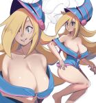  1girl bare_shoulders barefoot blonde_hair blue_headwear breasts card cleavage dark_magician_girl duel_monster green_eyes hat highres holding holding_card large_breasts long_hair looking_at_viewer playing_card sho-n-d smile solo wizard_hat yu-gi-oh! 