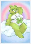  anthro bear belly belly_rolls blizzieart blush breasts care_bears chest_tuft cloud countershading featureless_breasts female green_body hi_res looking_at_viewer mammal navel nude on_cloud open_mouth open_smile overweight overweight_anthro overweight_female rainbow shamrock sitting sitting_on_cloud smile solo thick_calves thick_thighs tuft white_body white_countershading 