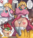  2022 anthro blonde_hair blood blush bodily_fluids bowser breasts camel_toe claws clothed clothing clothing_lift cutaway dialogue dress english_text erection erection_under_clothing female goomba group hair hi_res koopa light_body light_skin lipstick makeup male mario_bros nintendo nosebleed pictographics princess_peach red_hair scalie signature speech_bubble suavicreamdraws tattoo text thought_bubble wide_eyed 